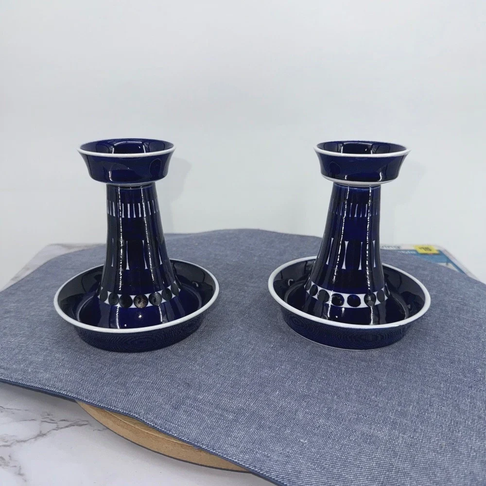 Arabia Finland Valencia Candle Sticks Set 2 Ulla Procope Blue White Hand Painted